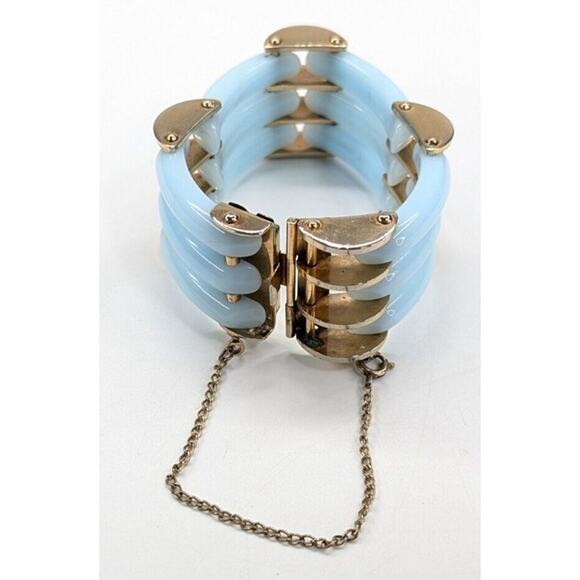 VTG Vargas Blue Crackle Lucite Wide Link 3 Row Gold Tone Hinged Bracelet 7" - Picture 6 of 6